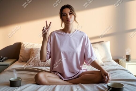 Download Peaceful Woman Peace Sign Bedroom Mockup - Mockup Collection