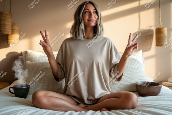 Download Woman Peace Gesture Cozy Bedroom Mockup - Mockup Collection