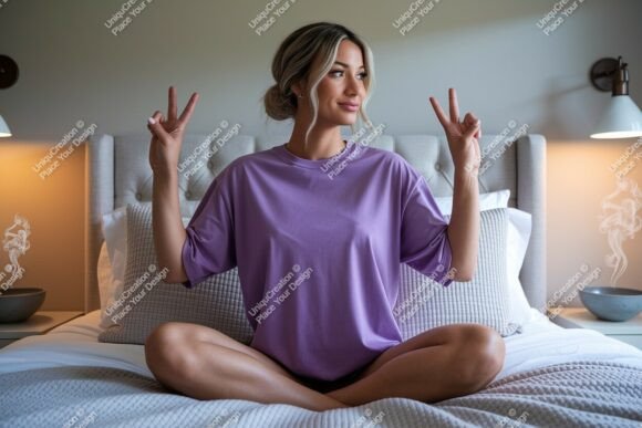 Download Woman Peace Sign Bedroom Mockup Image - Mockup Collection