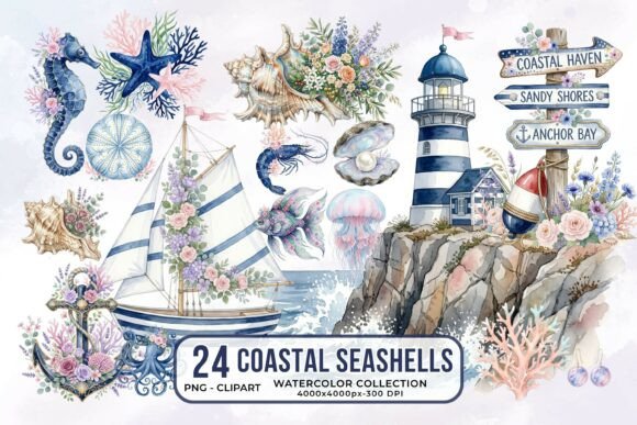Download Coastal Seashells Watercolor Clipart PNG - Water Collection