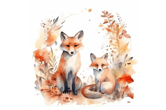 Download Foxes Watercolor with Botanical Frame - Water Collection