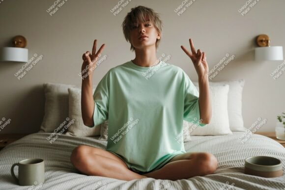Download Young Woman Peace Sign Bedroom Mockup T- - Mockup Collection
