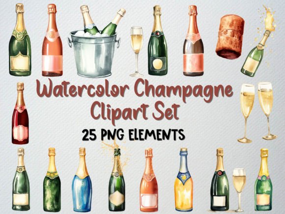 Download Watercolor Champagne Clipart Set, 25 PNG - Water Collection