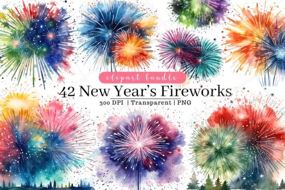 Download New Year's Fireworks Watercolor Clipart - Water Collection