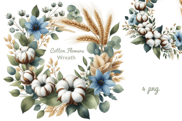 Download Watercolor Wreath with Cotton Flowers - Water Collection