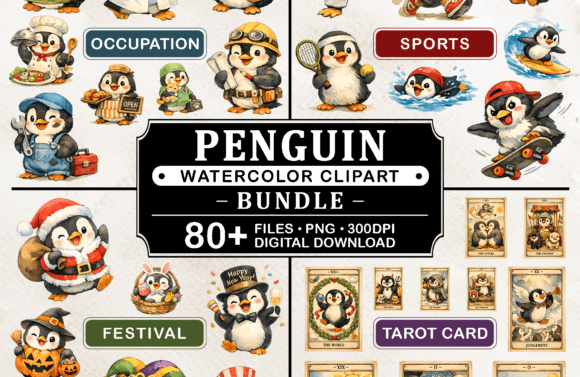 Download 80+PNG Penguin Watercolor Clipart Bundle - Water Collection