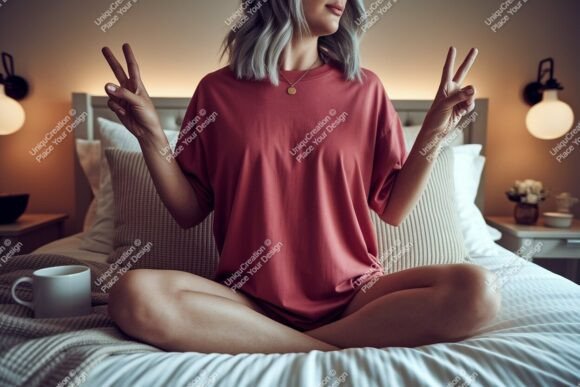 Download Woman Peace Sign Cozy Bedroom Mockup Ima - Mockup Collection
