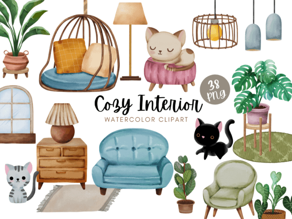 Download Cozy Interior Watercolor Digital Clipart - Water Collection