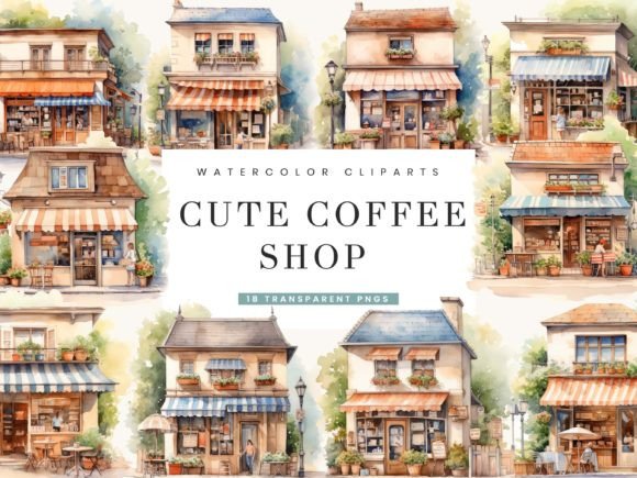 Download Watercolor Cute Coffee Shop Clipart - Water Collection