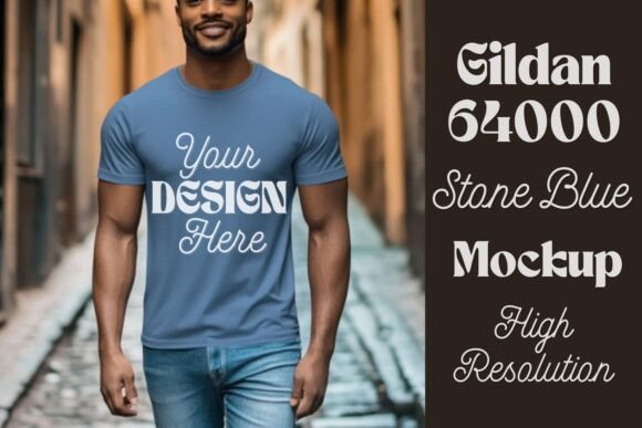 Download Gildan 64000 Stone Blue Men Mockup 20 - Mockup Collection