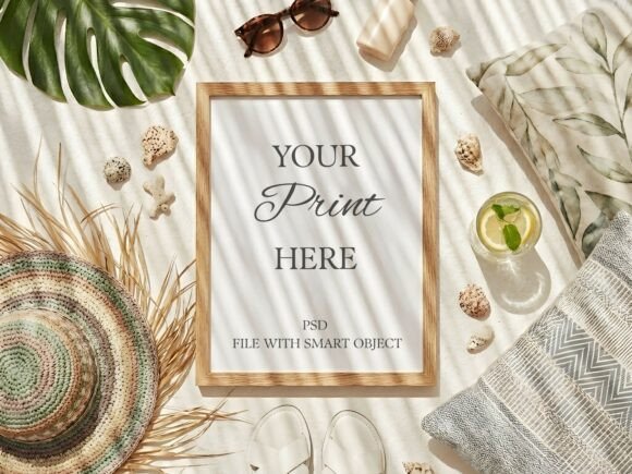 Download Wood Frame Mockup Summer Beach Flat Lay - Mockup Collection