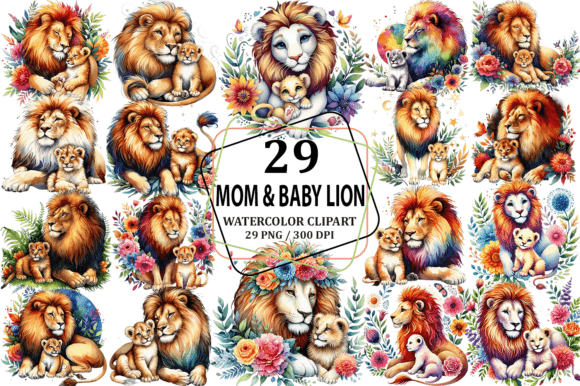Download Watercolor Mom &amp; Baby Lion Clipart PNG - Water Collection