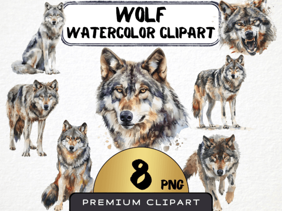 Download Watercolor Wolf Clipart Bundle 8 PNG - Water Collection