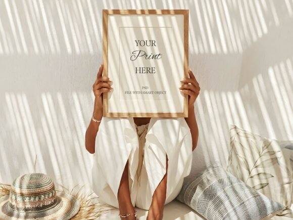 Download Wood Frame Mockup Woman Holding Boho - Mockup Collection