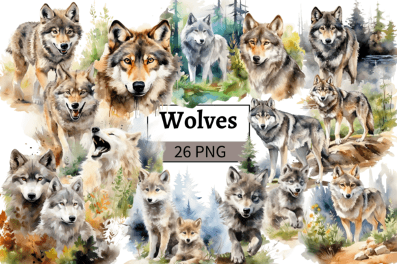 Download Watercolor Wolf Clipart Bundle PNG - Water Collection