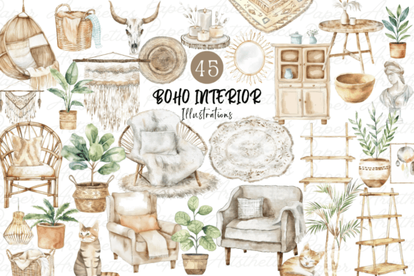 Download Watercolor Boho Interior Decor Clipart - Water Collection