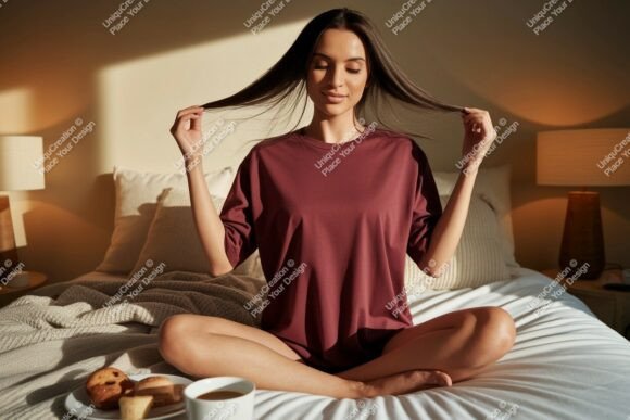 Download Woman Maroon T Shirt Mockup Bedroom Morn - Mockup Collection